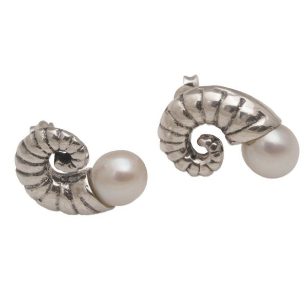 Alternate image for Fossil Shaped Sterling Earrings with Cultured Pearls Ancient Ammonite
