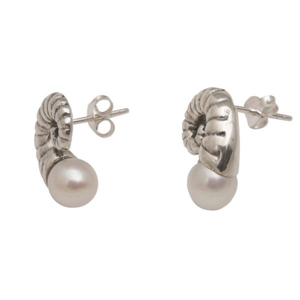 Alternate image for Fossil Shaped Sterling Earrings with Cultured Pearls Ancient Ammonite