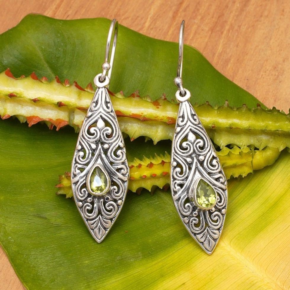 Spiral Motif Drop-Shaped Peridot Dangle Earrings from Bali 'Teardrop Spirals'