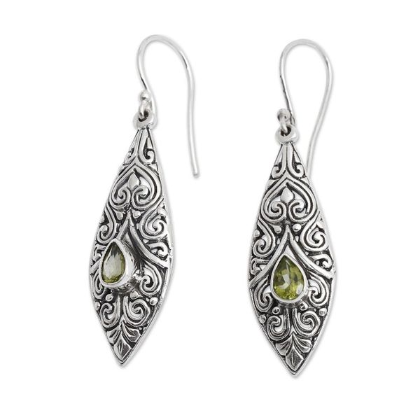 Alternate image for Spiral Motif Drop-Shaped Peridot Dangle Earrings from Bali Teardrop Spirals