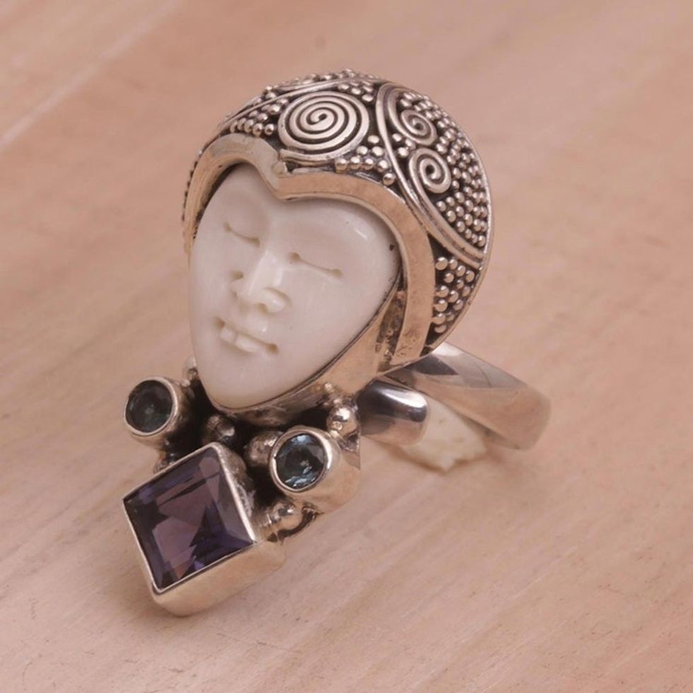 Amethyst and Blue Topaz Face Shaped Ring from Bali 'Honored Knight'