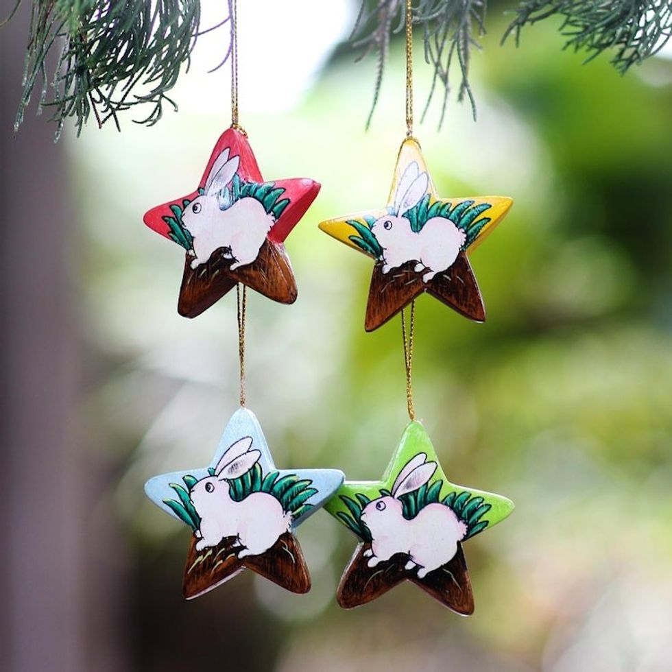 Balinese Hand Painted Bunny Rabbit Star Ornaments Set of 4 'White Island Bunnies'