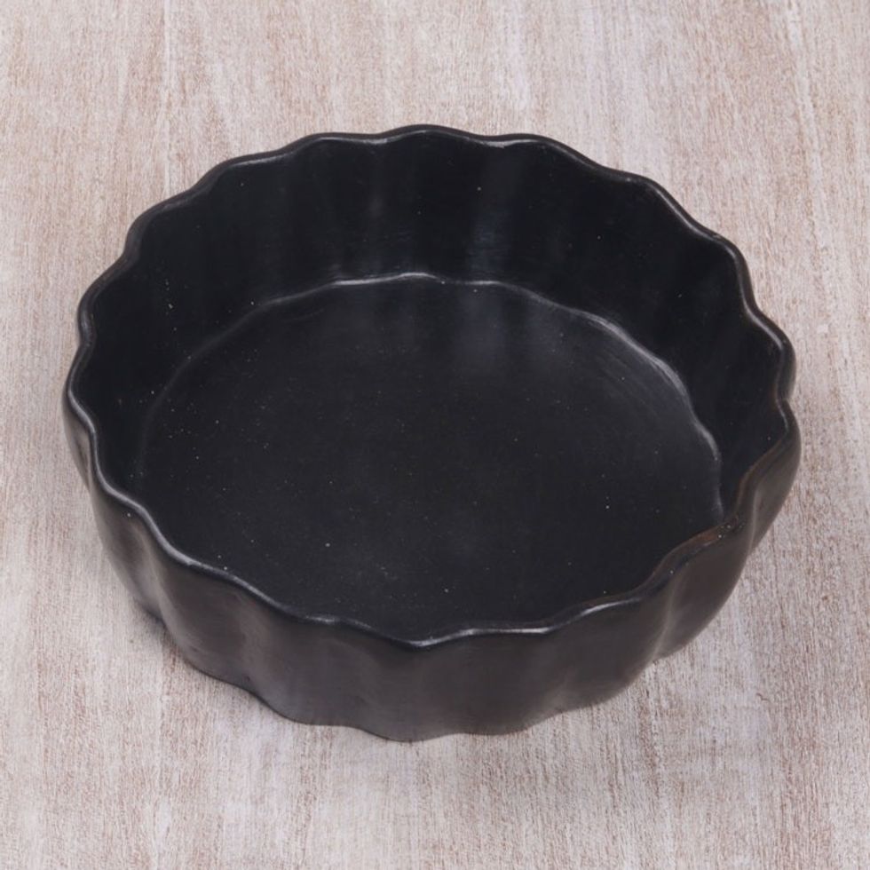 Handcrafted Black Ceramic Serving Bowl with Scalloped Rim 'Ripple'