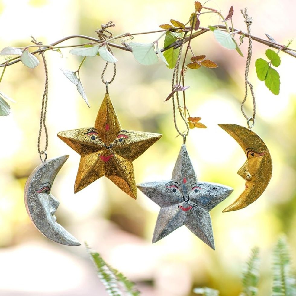 Four Moon and Star Albesia Wood Ornaments from Bali 'Stellar Holiday'