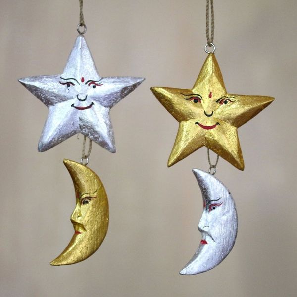 Alternate image for Four Moon and Star Albesia Wood Ornaments from Bali Stellar Holiday