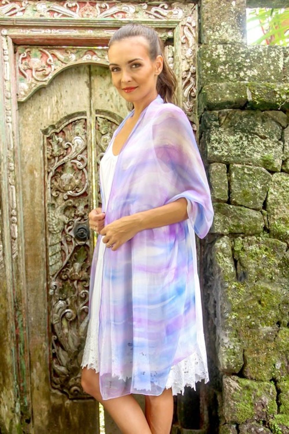 Hand-Painted Silk Shawl in Amethyst and Teal from India 'Mystifying Beauty in Plum'