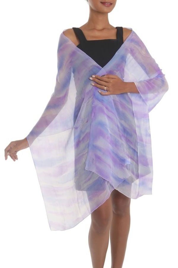 Alternate image for Hand-Painted Silk Shawl in Amethyst and Teal from India Mystifying Beauty in Plum