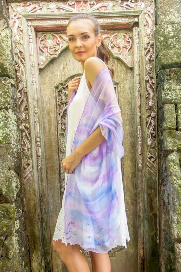 Alternate image for Hand-Painted Silk Shawl in Amethyst and Teal from India Mystifying Beauty in Plum