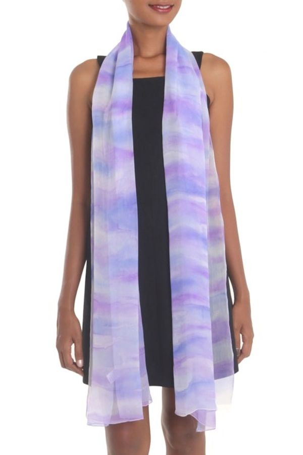 Alternate image for Hand-Painted Silk Shawl in Amethyst and Teal from India Mystifying Beauty in Plum