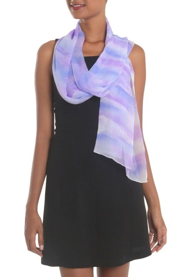 Alternate image for Hand-Painted Silk Shawl in Amethyst and Teal from India Mystifying Beauty in Plum