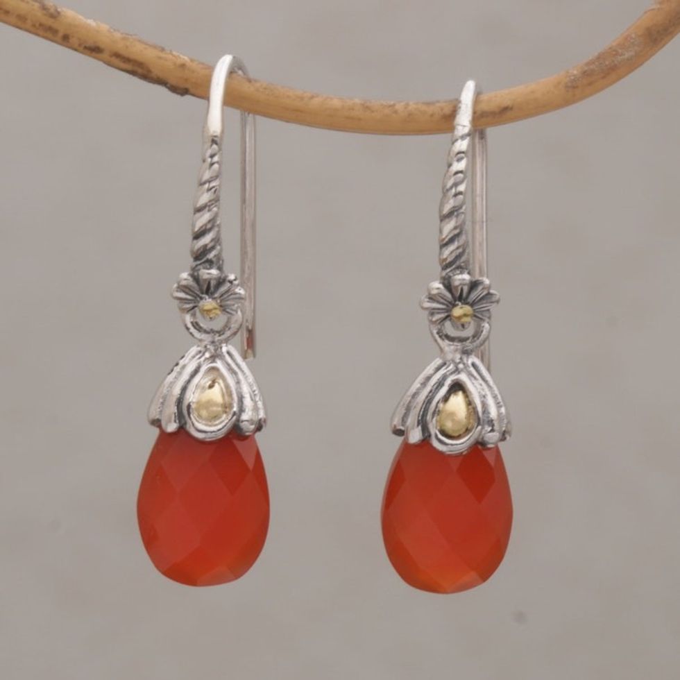 Orange Chalcedony Sterling Silver Dangle Earrings from Bali 'Floral Drop in Orange'