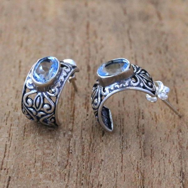 Alternate image for Half-Hoop Silver Earrings with One Carat of Blue Topaz Gems Vine Curves