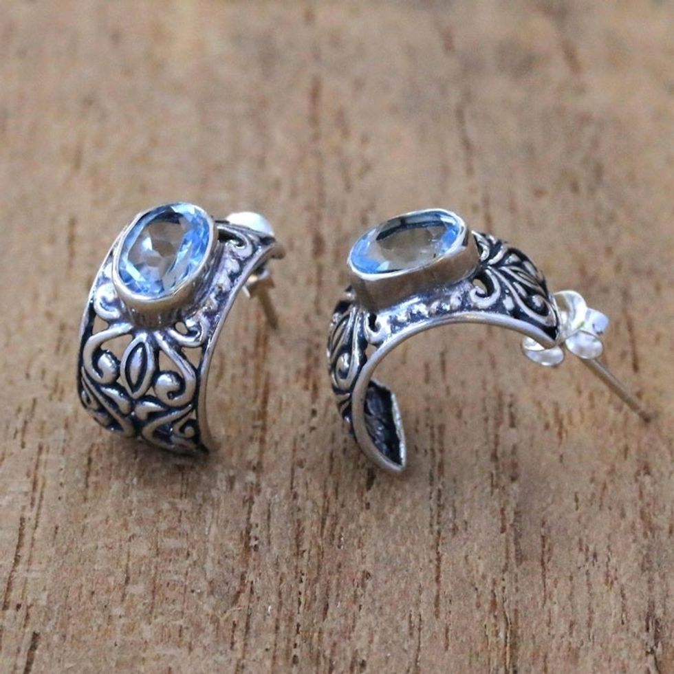 Half-Hoop Silver Earrings with One Carat of Blue Topaz Gems 'Vine Curves'