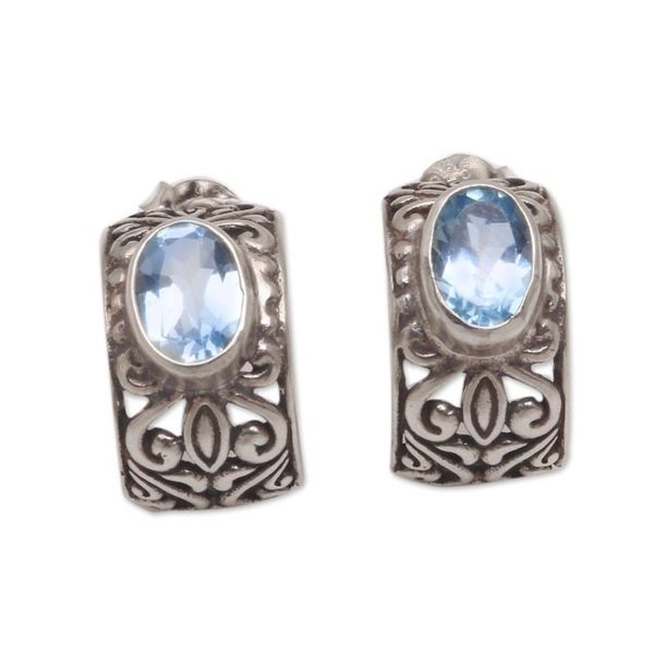 Alternate image for Half-Hoop Silver Earrings with One Carat of Blue Topaz Gems Vine Curves