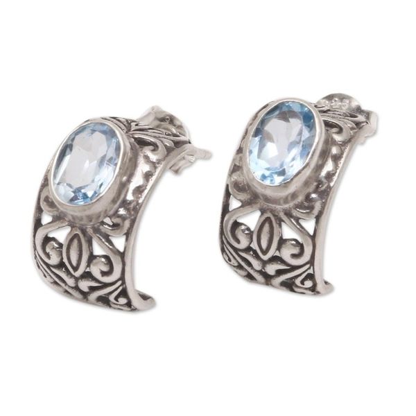 Alternate image for Half-Hoop Silver Earrings with One Carat of Blue Topaz Gems Vine Curves