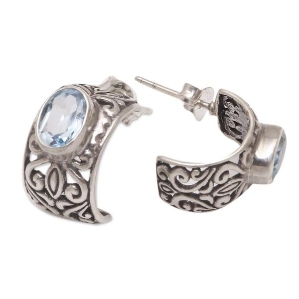Alternate image for Half-Hoop Silver Earrings with One Carat of Blue Topaz Gems Vine Curves