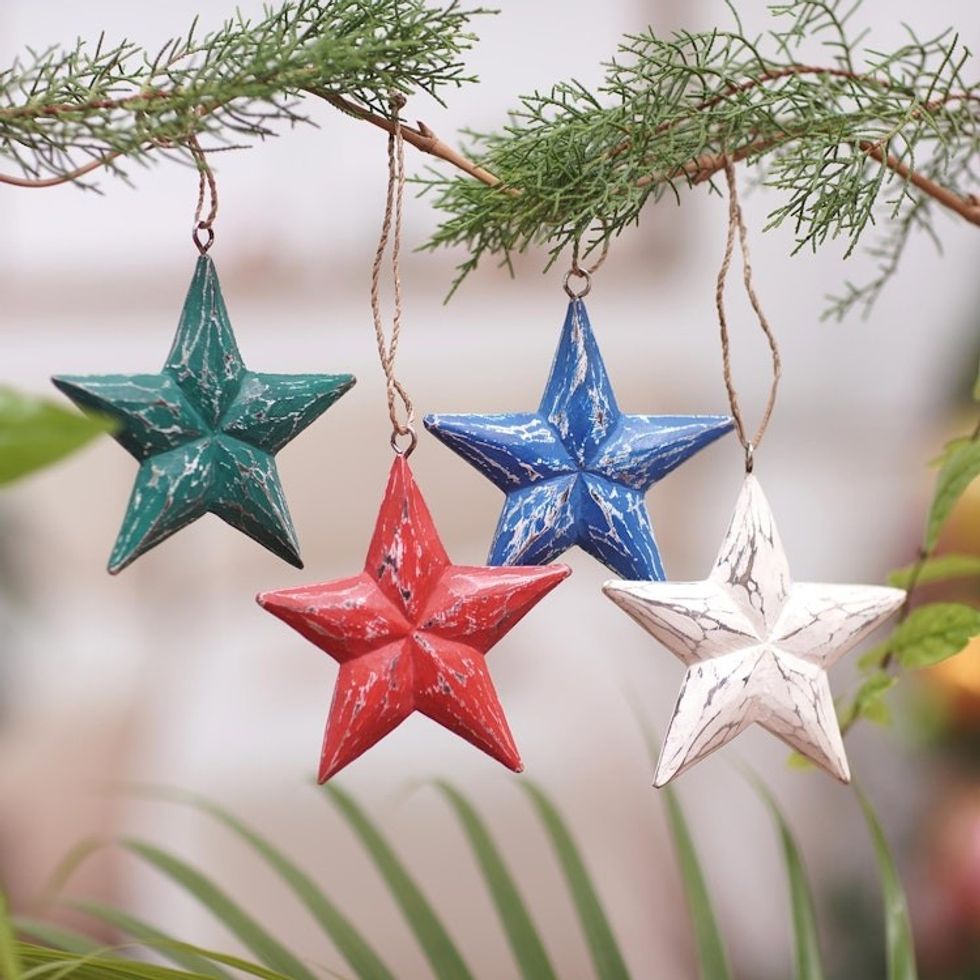 Four Multicolored Albesia Wood Star Ornaments from Bali 'Multicolored Stars'