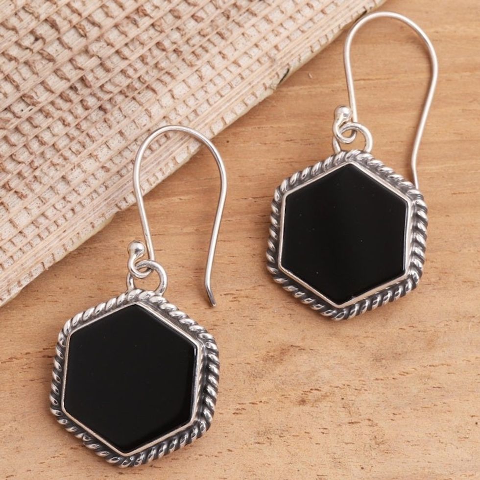 Onyx and Sterling Silver Hexagonal Dangle Earrings from Bali 'Midnight Hexagons'