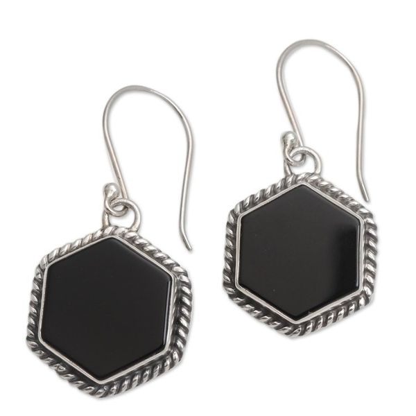 Alternate image for Onyx and Sterling Silver Hexagonal Dangle Earrings from Bali Midnight Hexagons