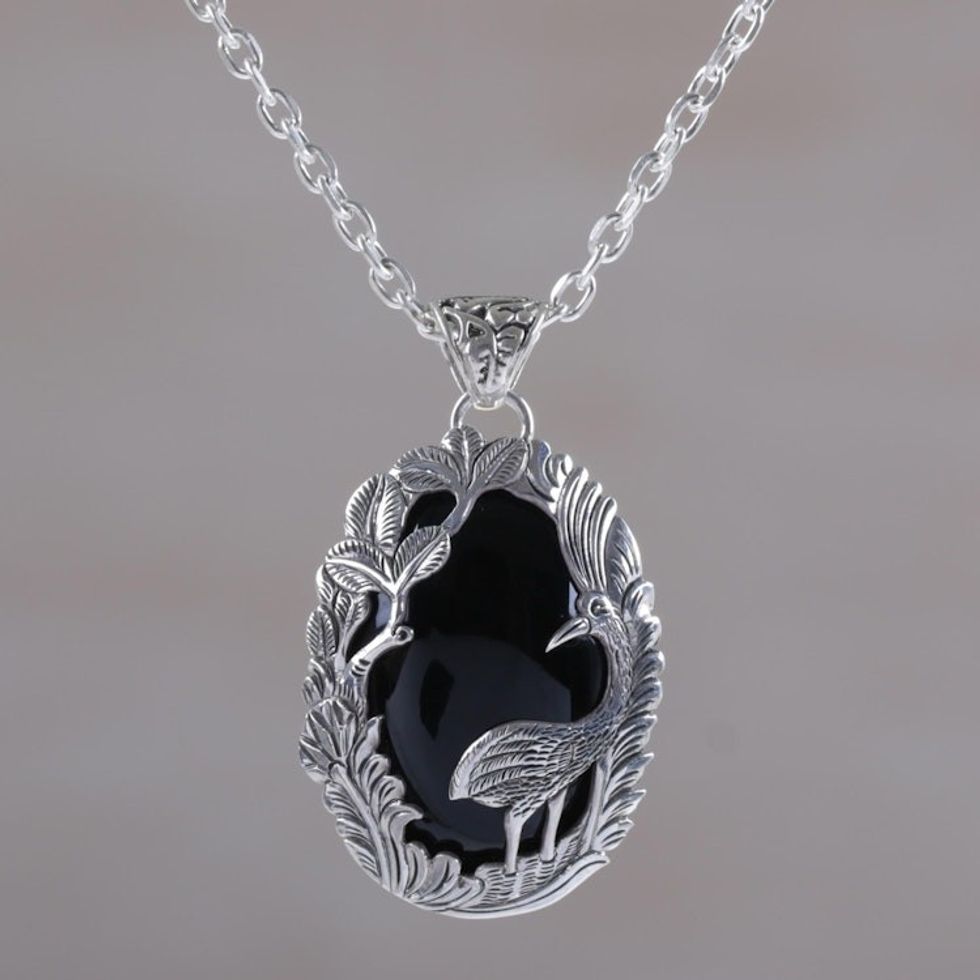 Onyx and Sterling Silver Heron Pendant Necklace from Bali 'Wading Heron'