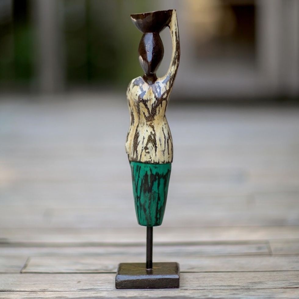 Hand Carved Albesia Wood Abstract Woman Statuette from Bali 'Bali Endeavor'