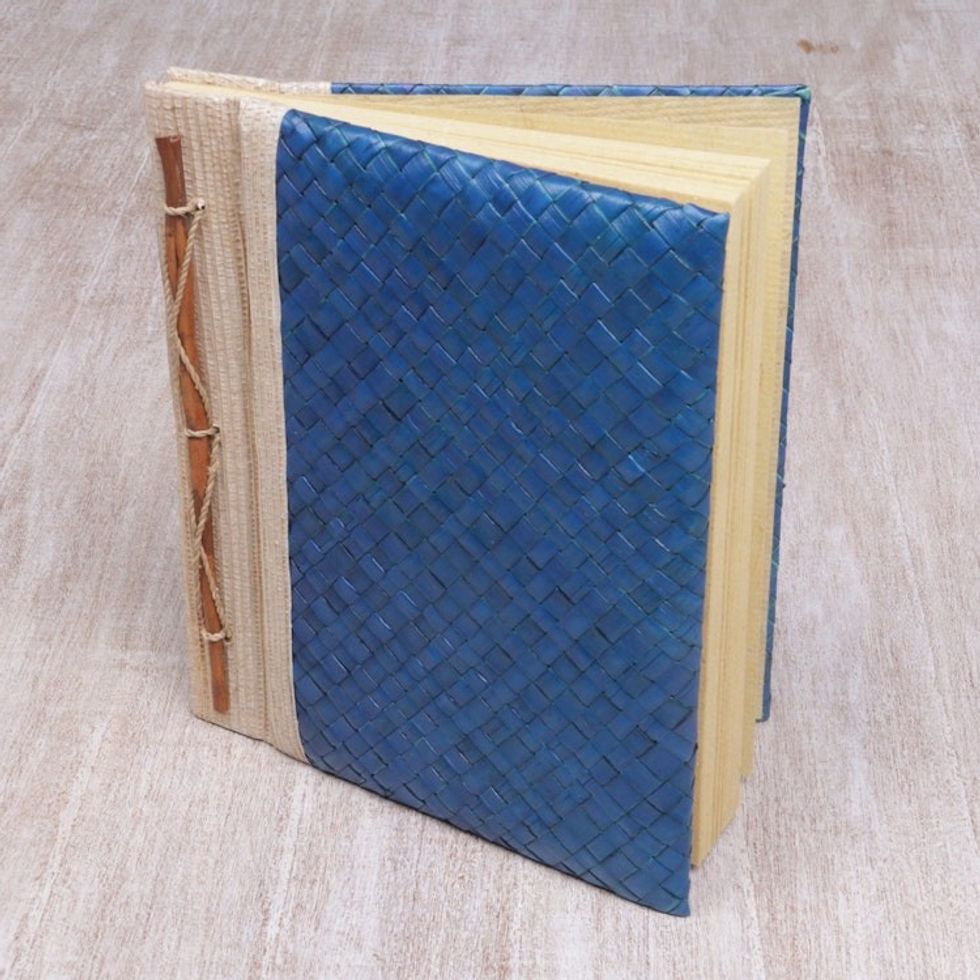 Artisan Hand-woven Pandan Leaf Journal in Blue from Bali 'Happy Weaver in Blue'