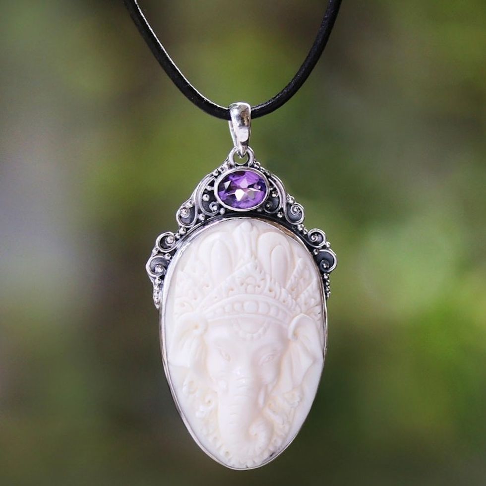 Amethyst and Silver Ganesha Pendant Necklace from Bali 'Crest of Ganesha'