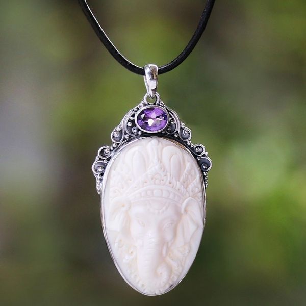 Alternate image for Amethyst and Silver Ganesha Pendant Necklace from Bali Crest of Ganesha