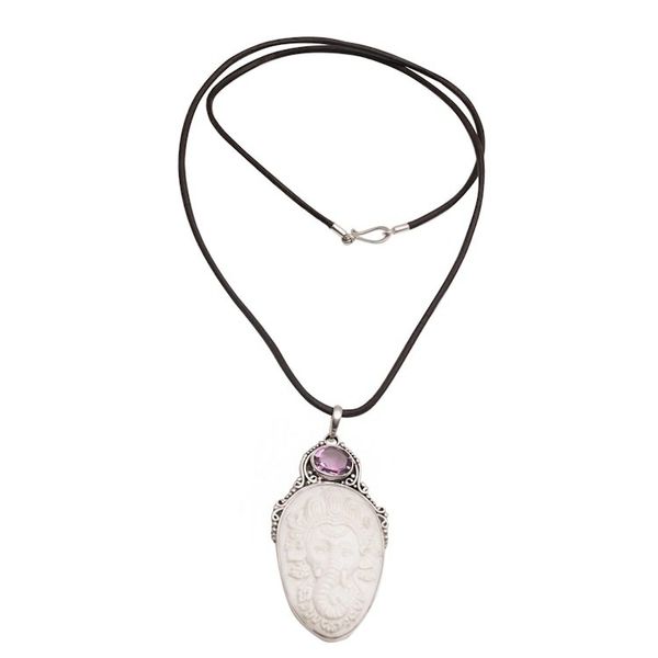Alternate image for Amethyst and Silver Ganesha Pendant Necklace from Bali Crest of Ganesha