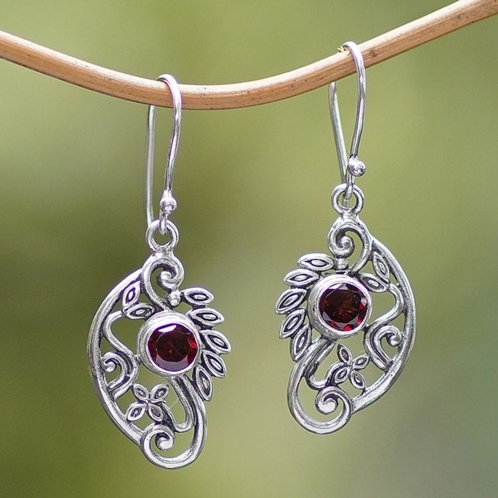 Balinese Sterling Silver and Garnet Swan Theme Earrings 'Proud Swans'