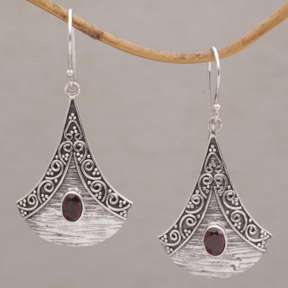 Garnet and Sterling Silver Dangle Earrings from Bali 'Blade Falling'