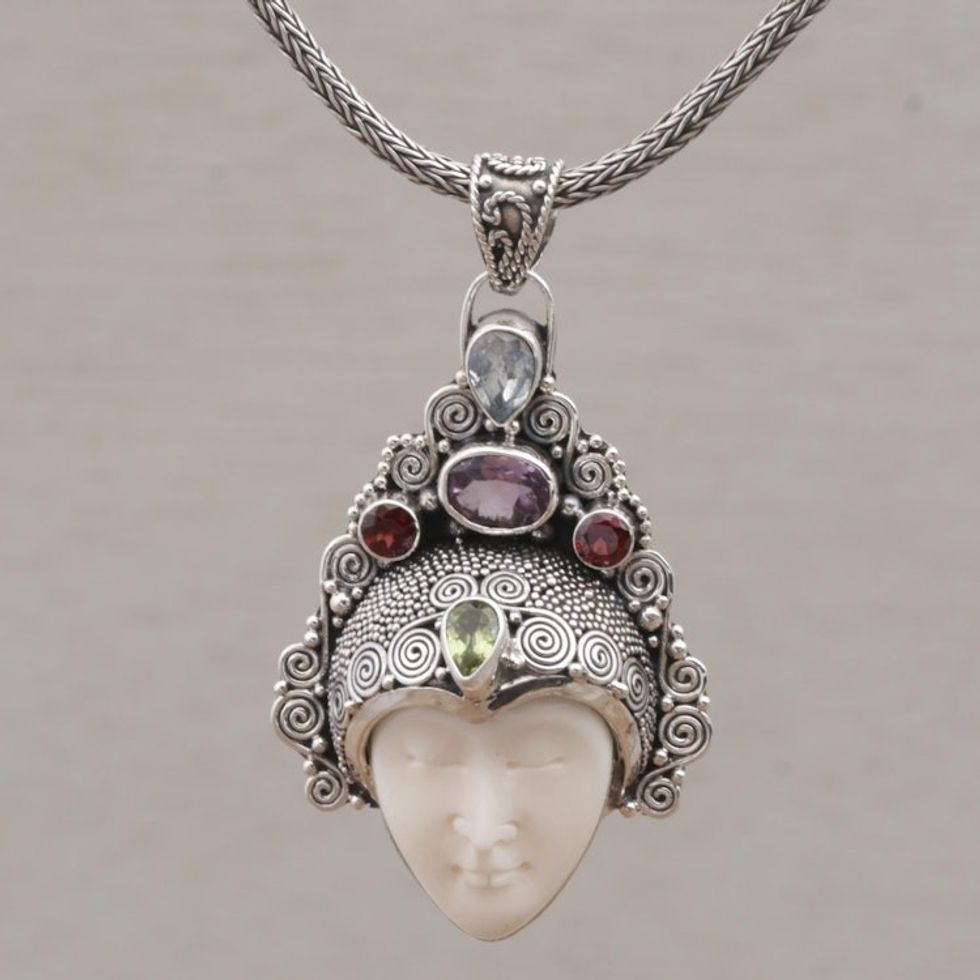 Artisan Crafted Multi-Gem Face Pendant Necklace from Bali 'Jeweled Knight'