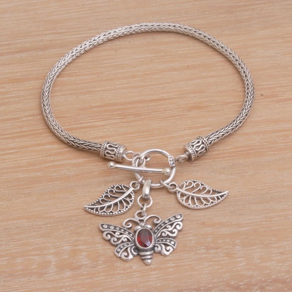 Garnet and Silver Butterfly Charm Bracelet from Bali 'Butterfly Dawn'