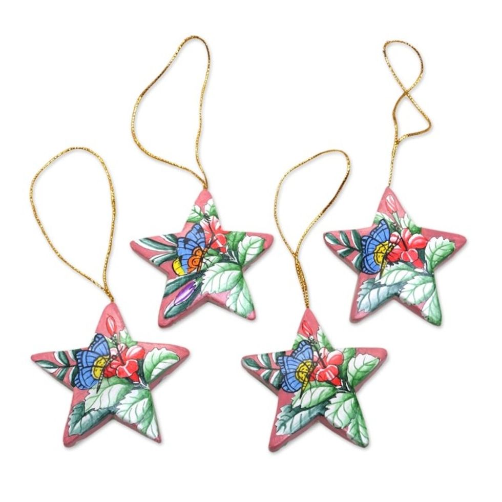 4 Hand Painted Balinese Star Ornaments with Butterflies 'Island Butterflies'