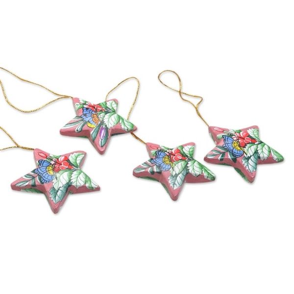 Alternate image for 4 Hand Painted Balinese Star Ornaments with Butterflies Island Butterflies