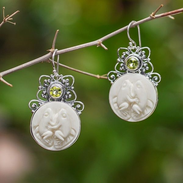 Alternate image for Peridot and Sterling Silver Frog Dangle Earrings from Bali Night Croakers