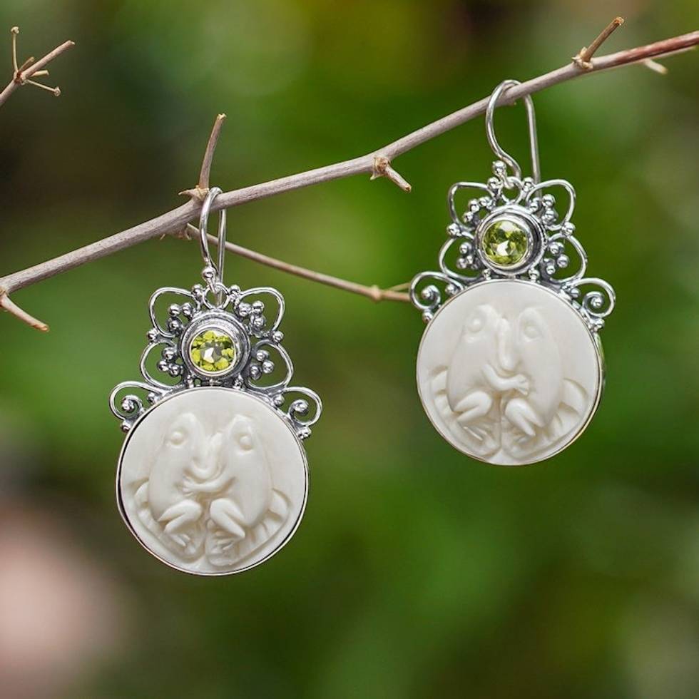 Peridot and Sterling Silver Frog Dangle Earrings from Bali 'Night Croakers'