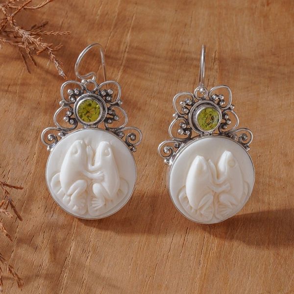 Alternate image for Peridot and Sterling Silver Frog Dangle Earrings from Bali Night Croakers