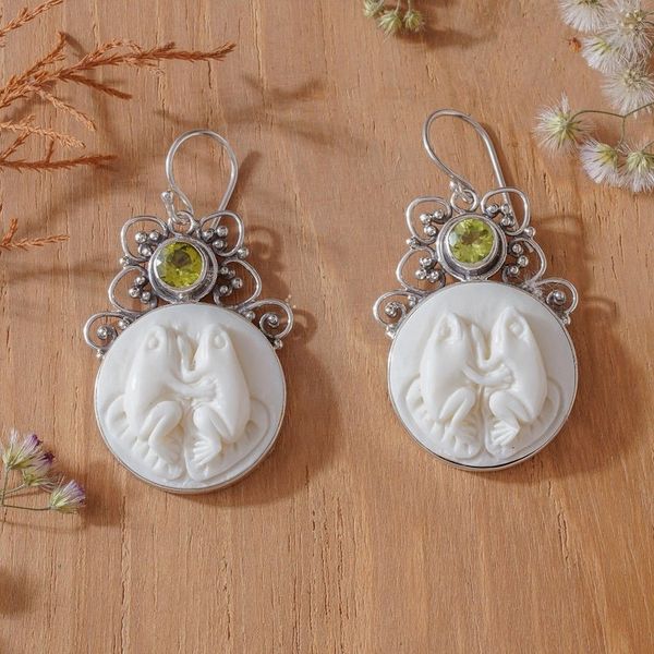 Alternate image for Peridot and Sterling Silver Frog Dangle Earrings from Bali Night Croakers