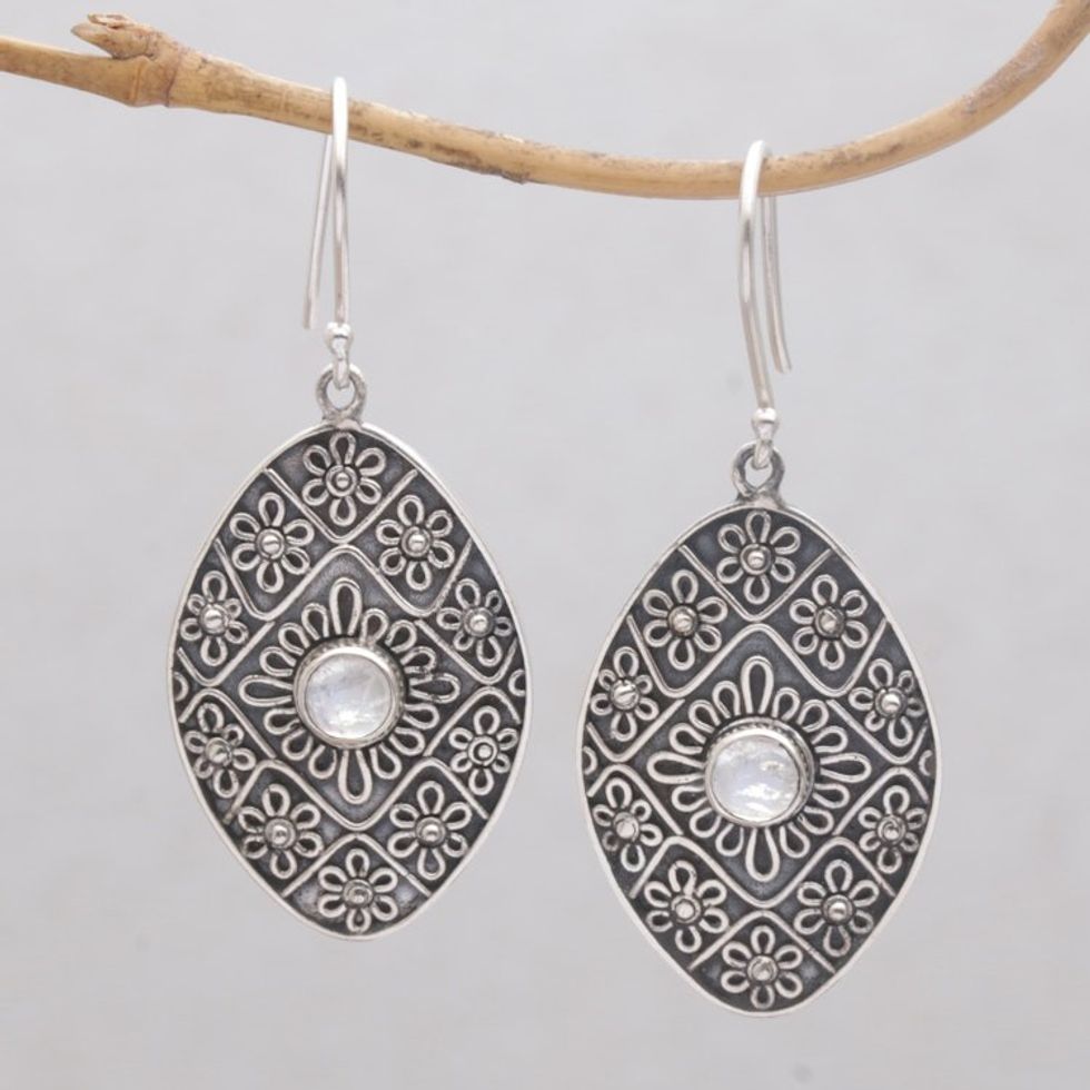 Rainbow Moonstone and Sterling Silver Floral Dangle Earrings 'Shield of Daisies'