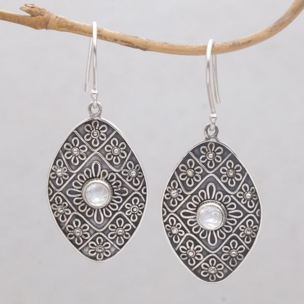 Alternate image for Rainbow Moonstone and Sterling Silver Floral Dangle Earrings Shield of Daisies
