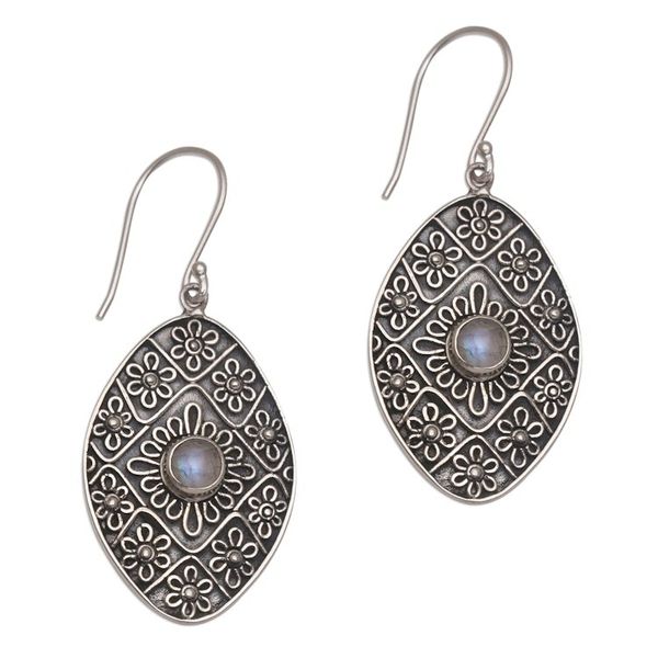 Alternate image for Rainbow Moonstone and Sterling Silver Floral Dangle Earrings Shield of Daisies