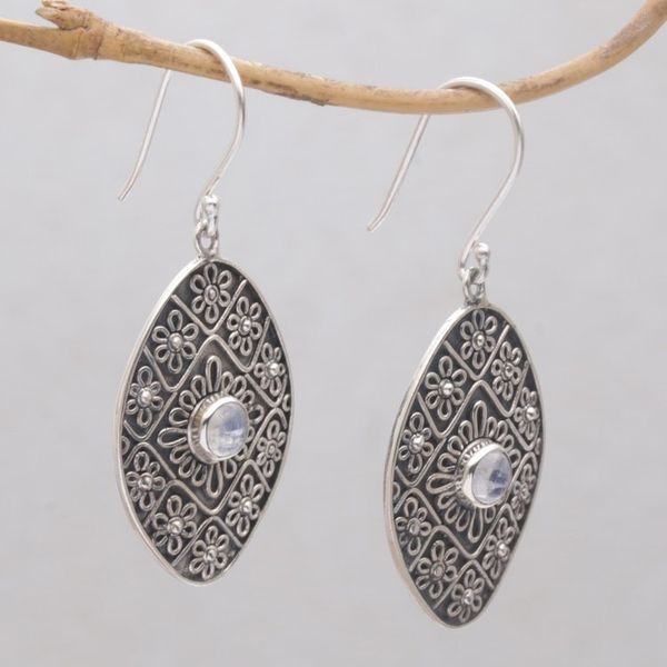 Alternate image for Rainbow Moonstone and Sterling Silver Floral Dangle Earrings Shield of Daisies