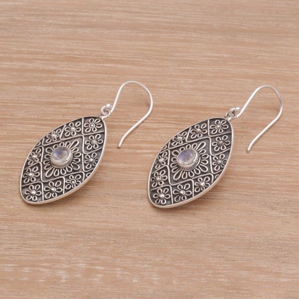 Alternate image for Rainbow Moonstone and Sterling Silver Floral Dangle Earrings Shield of Daisies