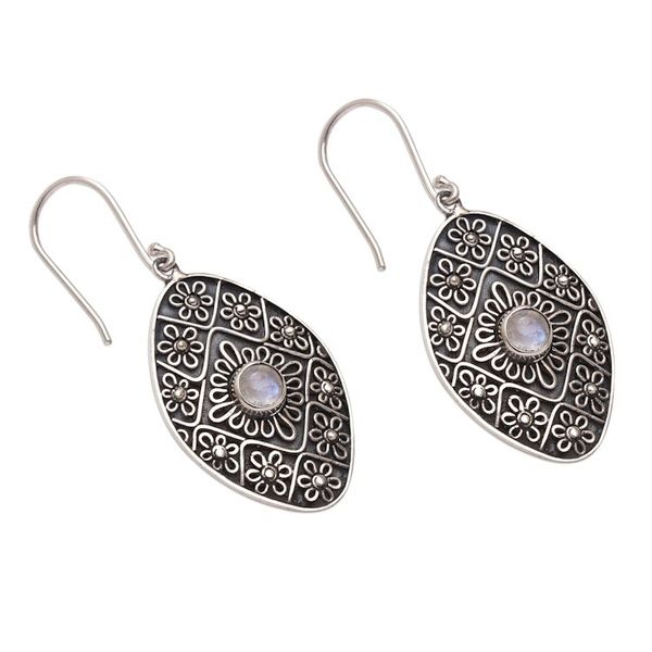 Alternate image for Rainbow Moonstone and Sterling Silver Floral Dangle Earrings Shield of Daisies