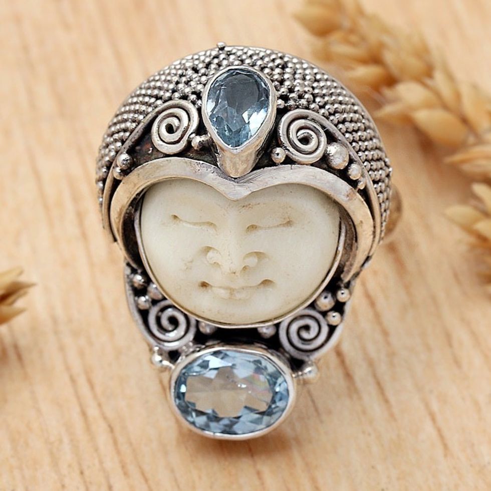 Blue Topaz and 925 Silver Face Shaped Ring from Bali 'Moonlight Prince'