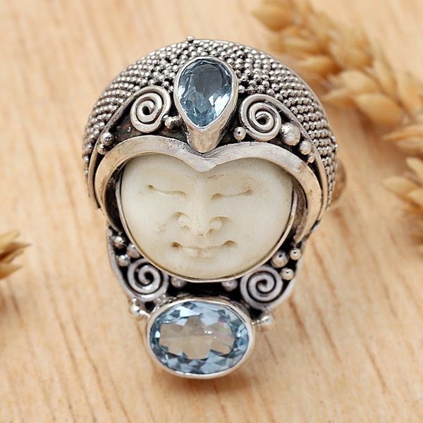 Alternate image for Blue Topaz and 925 Silver Face Shaped Ring from Bali Moonlight Prince