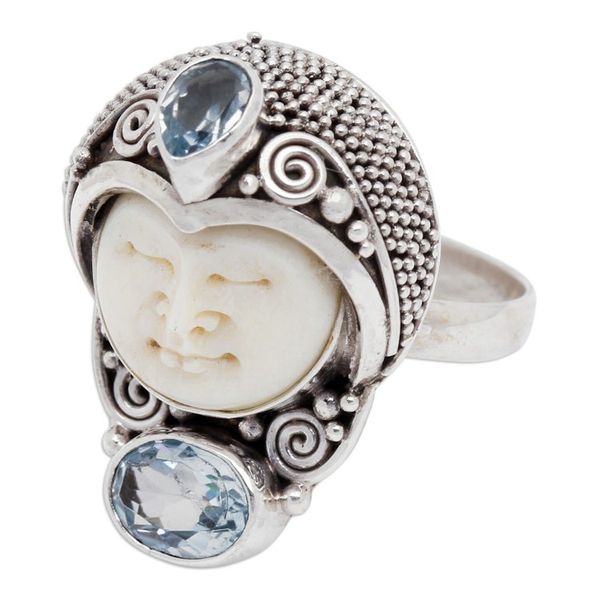 Alternate image for Blue Topaz and 925 Silver Face Shaped Ring from Bali Moonlight Prince