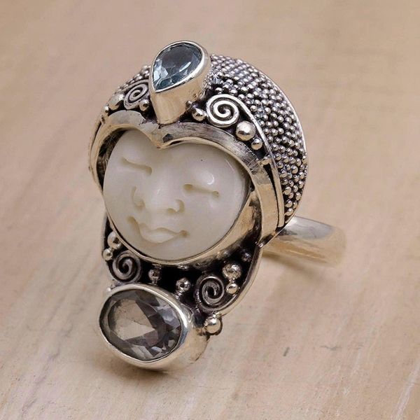 Alternate image for Blue Topaz and 925 Silver Face Shaped Ring from Bali Moonlight Prince