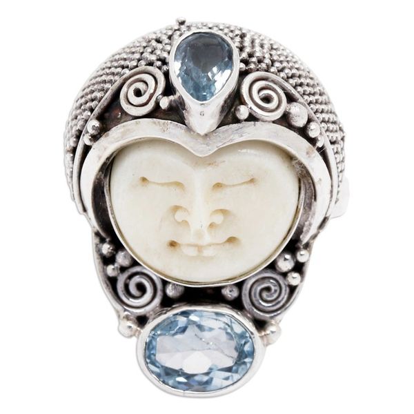 Alternate image for Blue Topaz and 925 Silver Face Shaped Ring from Bali Moonlight Prince